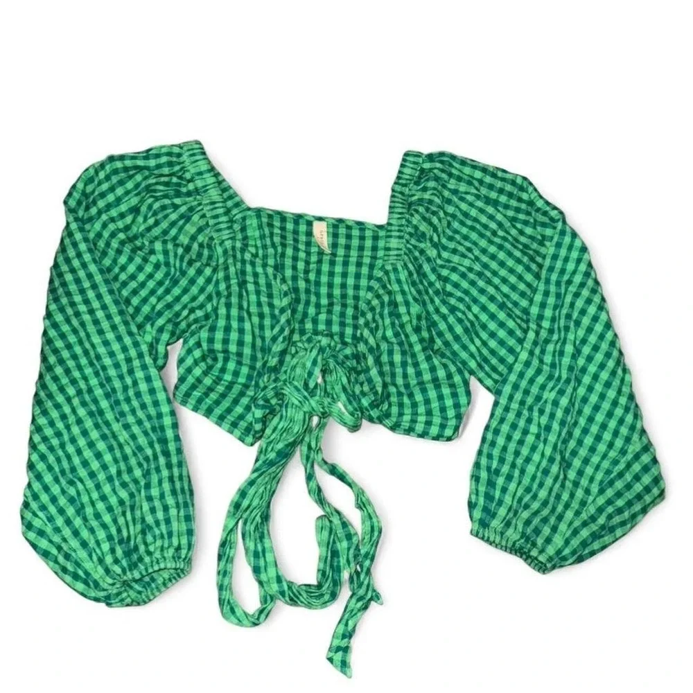 Spell green top Cottagecore Green Gingham Tie Front Crop Top